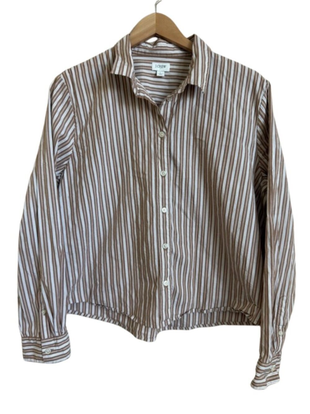 J.Crew Striped Button Front Shirt L Brown White Cotton Relaxed Boyfriend Top